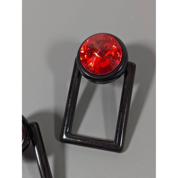 Black Red Geometric Rivoli Rhinestone Drop Earrings Statement Bold 80s - Picture 4 of 9